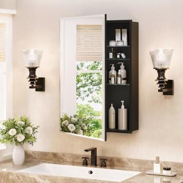 Imagem de Armário de remédios para banheiro com espelho: Armário de remédios espelhado sem moldura de alumínio leve preto de 40,6 cm x 61 cm com porta espelhada chanfrada moderna e prateleiras ajustáveis