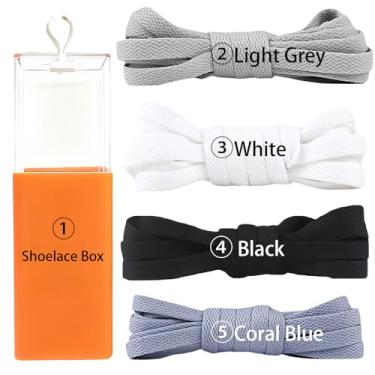 Imagem de sovida 4 pares de cadarços planos - 36 cores para cadarço de sapatos, tênis de corrida atlético, sapatos casuais, cordas para botas, Caixa de cadarço 4 cinza claro + branco + preto + azul coral, 120cm