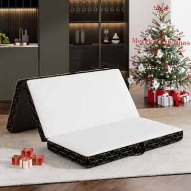 Imagem de GEMBED Colchão duplo de espuma viscoelástica com dobra tripla – Colchão dobrável portátil de 9 cm com alça, cama de chão com base antiderrapante, economiza espaço para quarto, viagem, cama de hóspedes