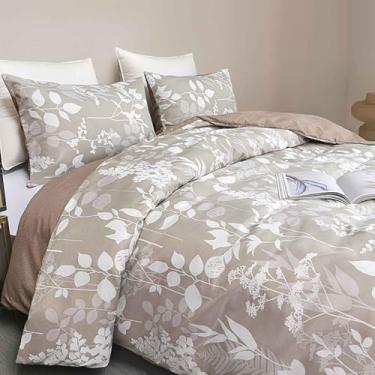 Imagem de Faincy Conjunto de edredom Queen Size, estampa floral de folhas de árvore caramelo reversível - microfibra macia cinza-acastanhado flor vintage fazenda roupa de cama em uma bolsa para mulheres e