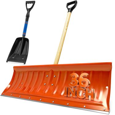 Imagem de Therwen 2 pás de neve incluem 1 empurrador de neve de 91 cm com roda de rolagem, 1 pá retrátil, ferramenta de remoção de emergência dobrável pesada para garagens de carros, jardins, calçada