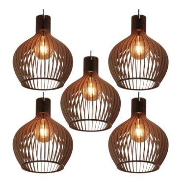 Imagem de Kit 5 Luminarias Grande Pendente De Teto Decorativo De Madeira Rustico