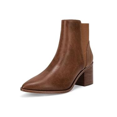 Imagem de Coutgo Botas femininas de cano curto com bico fino e elástico de salto médio empilhado Chelsea, Marrom, 10