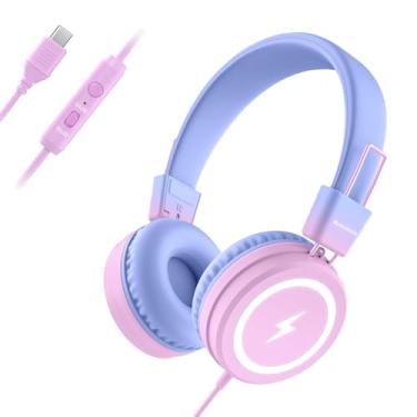 Imagem de Bywulanda Fones de ouvido infantis com luzes LED para escola, fone de ouvido infantil USB tipo C com microfone, limitador de volume 85/94dB, fones de ouvido com fio para meninos/meninas/tablet/viagem