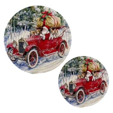 Imagem de Blueangle 2 peças de suporte de panela vintage vermelho para carro - conjunto de pegadores de panela de tecido redondo - almofadas quentes trançadas de algodão - porta-copos - tapetes de mesa para