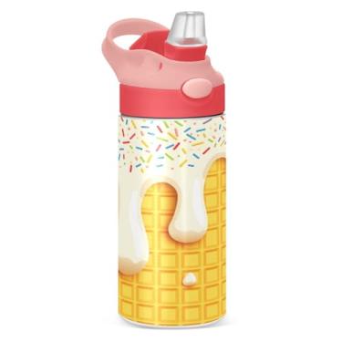 Imagem de Blueangle Garrafa de água isolada em cone de sorvete de aço inoxidável de 350 ml com tampa de canudo - Garrafa esportiva reutilizável e portátil à prova de vazamento para viagens, ao ar livre #400