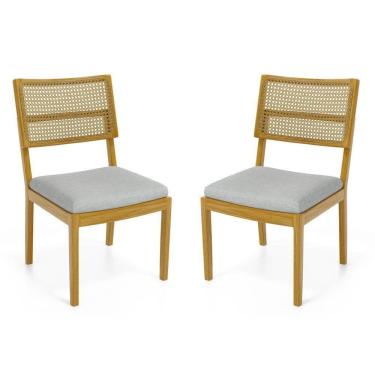 Imagem de Kit Com 2 Cadeiras Milena Madeira Maciça Assentos Estofados Encostos De Tela Palha Sextavada Linho Cinza 407