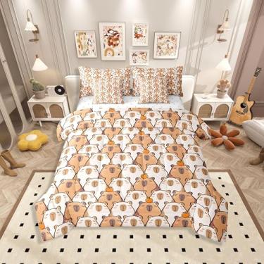 Imagem de Erosebridal Jogo de cama solteiro Capybara Cartoon marrom amarelo 7 peças | Jogo de edredom fofo animal roedor com lençóis, cama kawaii em uma bolsa, para amantes de capivaras