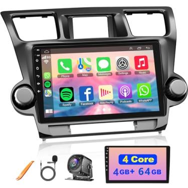 Imagem de Rádio automotivo de 4 núcleos 4 GB + 64 GB para Toyota Highlander 2008-2013, tela sensível ao toque QLED de 10,2 polegadas, estéreo veicular com Carplay e Android Auto, WiFi, navegação GPS, Bluetooth