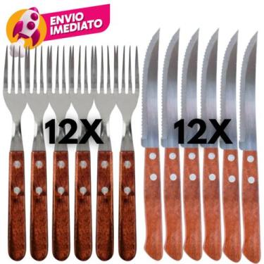 Imagem de Jogo Garfo Refeição E Faca Mesa Talher Em Inox Cabo Madeira Casa Resta