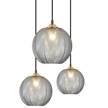 Imagem de Luminária pendente de vidro cinza fumê com 3 lâmpadas, estilo moderno de meados do século XX, com globos pretos e formato de cluster. Luminária pendente com múltiplas lâmpadas, estilo nórdic