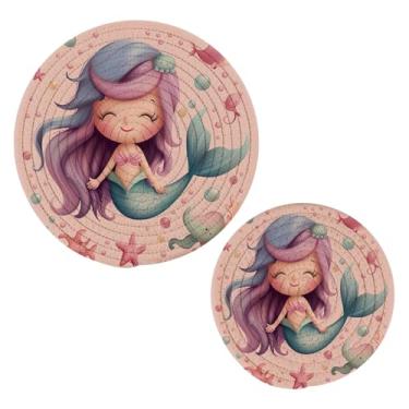Imagem de Wassud Conjunto de tripé de sereia de desenho fofo para pratos quentes, suportes redondos de algodão, almofadas quentes, porta-copos elegantes, decoração de cozinha e acessórios, 2 peças