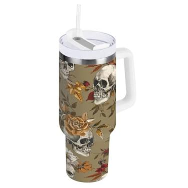 Imagem de STAYTOP Copo de rosas e caveiras de Halloween de 850 g com tampa e palha, copo isolado de aço inoxidável durável à prova de vazamento com alça, garrafas de água à prova de derramamento para viagens