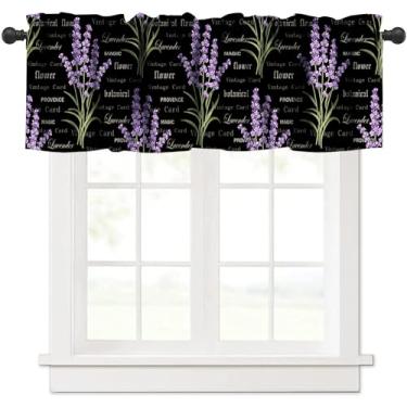 Imagem de HZOHNAGO Cortinas de saia de janela de flor lavanda Provenve Vintage Magic Purple Floral Pattern Cortina curta para cozinha, sala de estar, banheiro, janelas L 137 x C 45 cm