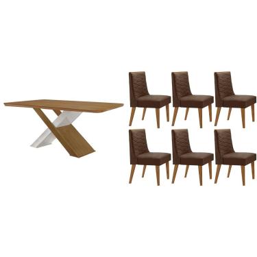 Imagem de Sala Jantar Mesa Imperatriz Tampo Curvo 180cm+6 Cadeiras Dafne Madeira Naturale/Off White - Capuccino/Suede Marrom - Rufato