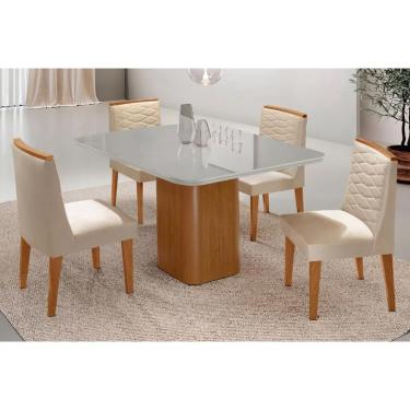Imagem de Sala Jantar Mesa Maldivas Tampo c/ Vidro Curvo 90cm+4 Cadeiras Maldivas Madeira Naturale/Off White - Capuccino/Suede Creme - Rufato