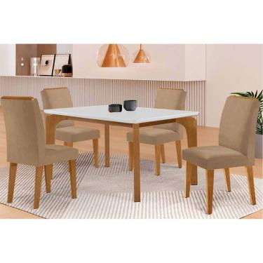 Imagem de Sala Jantar Mesa Londrina Tampo c/ Vidro Curvo 120cm 4 Cadeiras Dakota Madeira Naturale/Off White - Capuccino/Linho Capuccino - Rufato