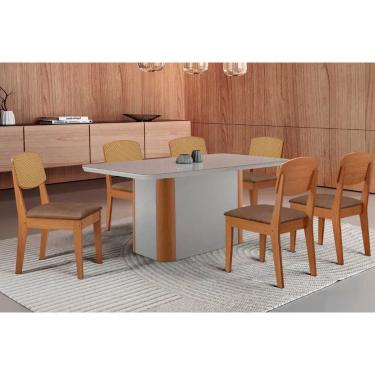 Imagem de Sala Jantar Mesa Pietá Tampo c/ Vidro Curvo 180cm+6 Cadeiras Havana Naturale/Off White - Corano Capuccino - Rufato