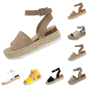 Imagem de DevilAngel Sandália feminina Topic Open Toe fivela tira no tornozelo alpargatas flatform sintético verão casual sandálias cunhas, Caqui, 37