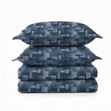 Imagem de Kit Cobre Leito Colcha Magnus Queen 3 Peças Dupla Face Estampado Geométrico - Matrix Azul - 100% Poliéster