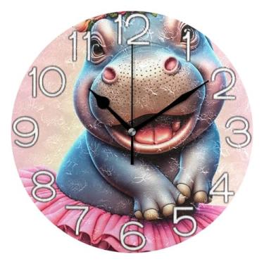 Imagem de GAIGEO Relógio de parede analógico decorativo relógio de cozinha rústico operado a bateria, arte de parede moderna legal decoração de casa, hipopótamo fofo rosa cinza, 25 cm, ponteiros pretos