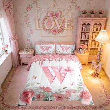 Imagem de Erosebridal Conjunto de cama king com letra W King fofo com laço rosa, estampa de princesa, sonhadora, monograma, rosa, laço e alfabeto, reversível, edredom para decoração de quarto