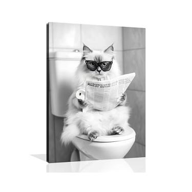 Imagem de OWNANRTHM Arte de parede em tela de banheiro de gato engraçado animal banheiro arte de parede gato no banheiro pintura preto e branco animal banheiro imagens para banheiro banheiro parede emoldurada