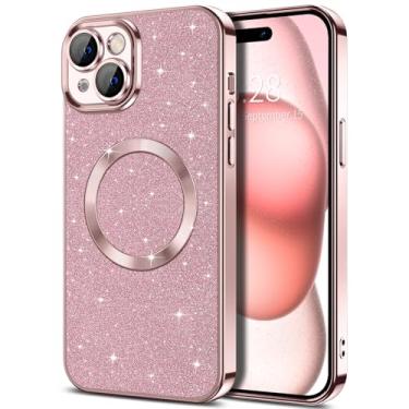 Imagem de Hython Capa para iPhone 15 Glitter, capas de telefone magnéticas transparentes com protetor de lente de câmera [compatível com MagSafe] Capa protetora fina à prova de choque de TPU brilhante brilhante para mulheres meninas, rosa