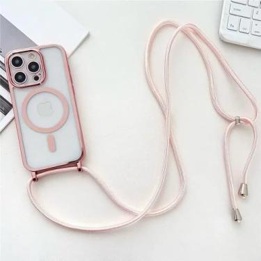 Imagem de Capa de celular transparente com cordão e revestimento Crossboby para iPhone 16E 16 15 14 13 12 Pro Max, colar magnético, capa de corda, ouro rosa, para iPhone 12