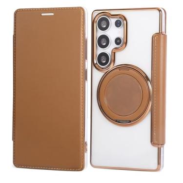 Imagem de Capa carteira para Samsung Galaxy S24 Ultra com 3 compartimentos para cartão, bloqueio RFID, suporte de anel giratório de 360° e compatibilidade magnética, capa traseira transparente à prova de choque