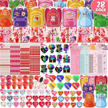 Imagem de WOWSCAN 28 Pack Valentines Day Gifts for Kids, Valentines Day Cards for Kids School Stationery Set with Pencils Erasers Sharpener Stampers Goodie Bags for Classroom Boys Girls