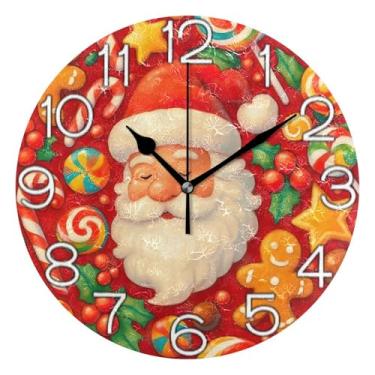 Imagem de GAIGEO Relógio de parede analógico decorativo funky alimentado por bateria relógio de cozinha rústico, decoração de parede de meados do século, sala de estar Natal Papai Noel vermelho doce, 25 cm
