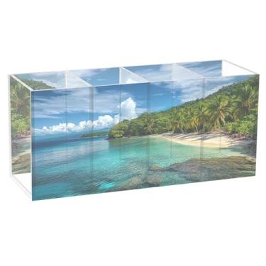 Imagem de TSENQUE Tropical Island Suporte de caneta fofo personalizado turquesa para mesa, acrílico, artesanato, porta-pincéis de maquiagem, copo decorativo, material de escritório