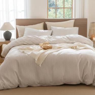 Imagem de CCoutueChen Conjunto de capa de edredom Queen listrada 100% algodão lavado, listras largas brancas bege, bege, linho, texturizado, macio, respirável, durável, 3 peças (sem edredom)