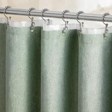 Imagem de BTTN Conjunto de cortina de chuveiro 3 em 1 verde sálvia – Cortina de chuveiro de pano texturizado de linho e forro PEVA com gancho de plástico e 3 ímãs, cortina de chuveiro alta e moderna neutra à