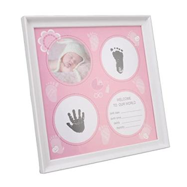 Imagem de GLOGLOW Kit de Pegada de Impressão de Mão de bebê para Porta-retratos, Moldura de Plástico, Lembrança de Memória para Recém-nascidos, 11,4 X 11,4 X 0,7 Polegadas, Inclui Moldura para Fotos, Almofada de Tinta, Cartões de Impressão e Decoração Diária (Rosa)