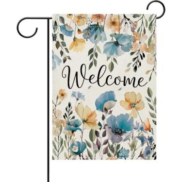 Imagem de Dyrenson Welcome Primavera Verão Tema Floral Bandeira de Jardim Decorativo, Flor de Papoula Aquarela Jardim Botânico Exterior Decoração de Casa, Serapilheira Sazonal Exterior Pequena Decoração Dupla
