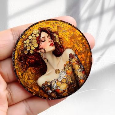 Imagem de Ímã de geladeira vintage, mulher de cabelos vermelhos, design de mosaico de moeda dourada - adesivo redondo de acrílico para geladeira de 5,8 cm, presente de decoração retrô, tamanho perfeito para