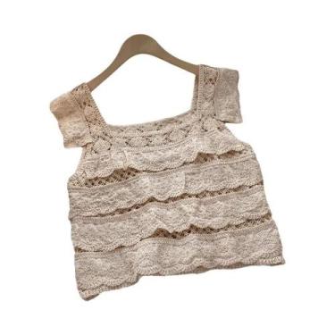 Imagem de Blusa Feminina Cropped De Crochê Com Babados Em Camadas E Mangas Franz