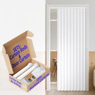 Imagem de Conjunto de cortina magnética AJAZZ 100% blackout para porta de pátio para quarto, sala de estar, acordeão (1 pacote, 111 L x 198 C, branco + varão)