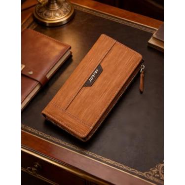 Imagem de Carteira masculina casual com zíper lateral, bolsa de couro com vários compartimentos para cartões e bloqueio RFID, organizador de grande capacidade para itens essenciais do dia a dia (bronzeado claro