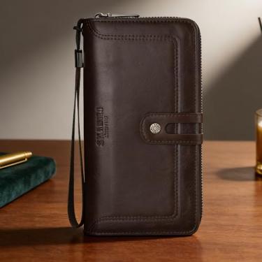 Imagem de Carteira masculina clássica, marrom escuro, grande capacidade, listrada, couro macio, durável, marrom escuro, design clássico de grande capacidade com fecho magnético, couro macio listrado