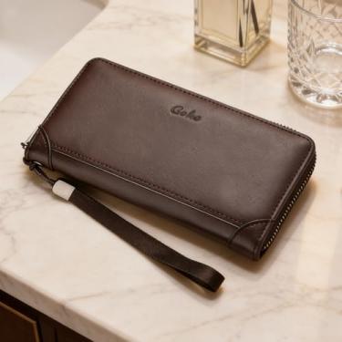 Imagem de Carteira longa funcional para homens, carteira de couro com zíper com grande capacidade e bloqueio RFID, organizador com vários compartimentos para cartões e bolso para documentos (marrom escuro)