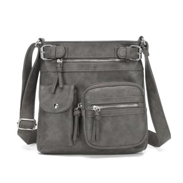 Imagem de KouLi Buir Bolsa tiracolo feminina, bolsa de couro com alça ajustável, bolsa de ombro leve com bolsos com zíper, Cinza
