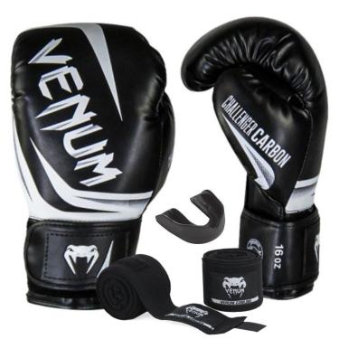 Imagem de Kit Luva de Boxe e Muay Thai Venum Elite Full Written Pro Black com Bandagem 4m e Protetor Bucal-Unissex