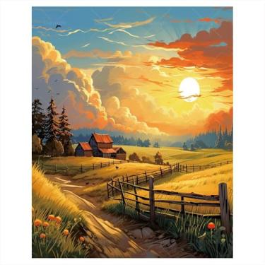 Imagem de Kit de pintura por números Sunset Farm para adultos - DIY paisagem em tela, kits de pintura por número para adultos conjunto de tinta acrílica para iniciantes, kit de arte cênica para decoração de
