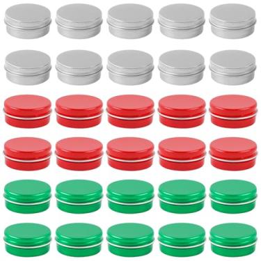 Imagem de ASUNFO 30 latas de alumínio de 14,2 g, recipientes redondos vazios para bálsamo labial com tampa de parafuso, verde, vermelho, prata