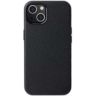 Imagem de BKUANE Capa de telefone traseira de couro premium, para Apple iPhone 14 Plus 6,7 polegadas 2022 textura de lichia totalmente envolta flocagem capa traseira (Cor: Preto)
