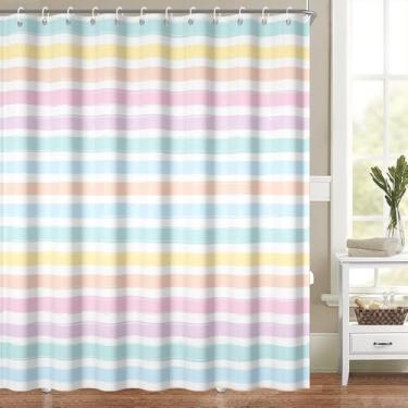 Imagem de Cortina de chuveiro listrada arco-íris para banheiro, azul e rosa, lindas cortinas de banheira listradas, moderno, abstrato, minimalista, conjunto de decoração de banheiro, lavável na máquina, tecido