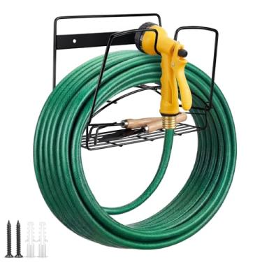 Imagem de Frienda Suporte de mangueira de jardim com cesta de armazenamento, suporte de mangueira de parede resistente, suporte de mangueiras de água de metal preto, pregos organizadores de cerca para cabos de
